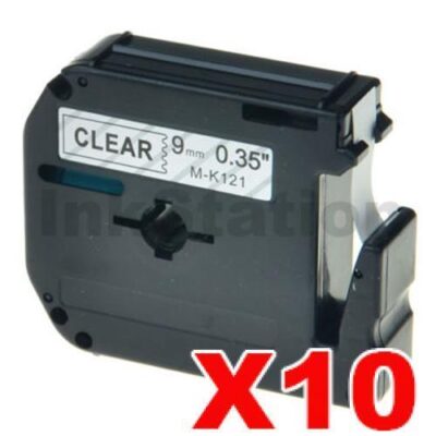 10 x Brother M-K121 Compatible 9mm Black Text on Clear Tape - 8 meters