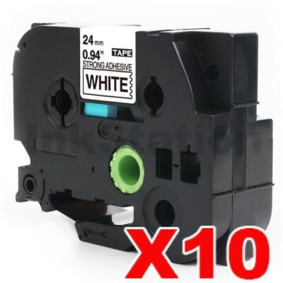 10 x Brother TZe-S251 Compatible 24mm Black Text on White Strong Adhesive Laminated Tape - 8 metres