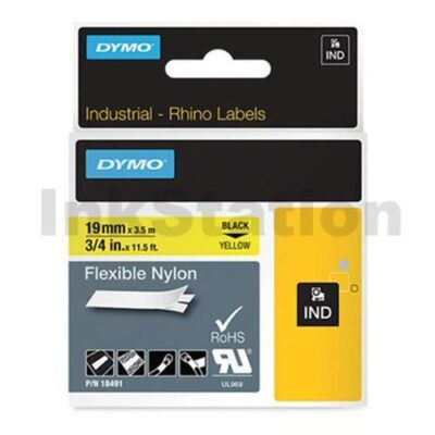 Dymo SD18491 Genuine 19mm Black Text on Yellow Flexible Nylon Industrial Rhino Label Cassette - 3.5 meters