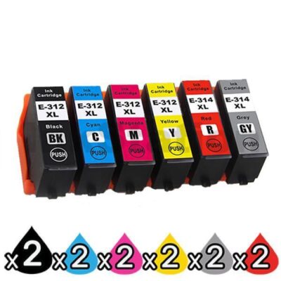 12 Pack Epson 312XL 314XL Compatible High Yield Inkjet Cartridge Combo [2BK,2C,2M,2Y,2GY,2R]