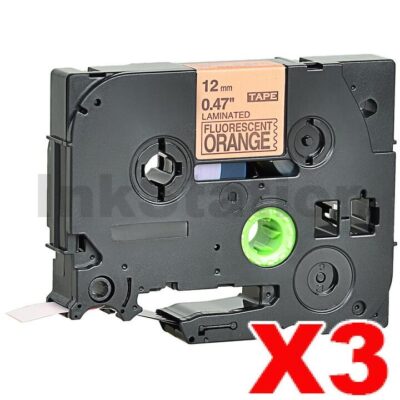 3 x Brother TZe-B31 Compatible 12mm Black Text on Orange Fluorescent Laminated Tape - 5 meters