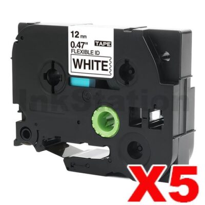 5 x Brother TZe-FX231 Compatible 12mm Black Text on White Flexible ID Laminated Tape - 8 metres
