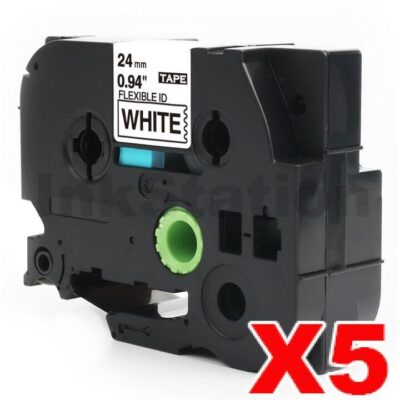 5 x Brother TZe-FX251 Compatible 24mm Black Text on White Flexible ID Laminated Tape - 8 metres