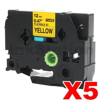 5 x Brother TZe-FX631 Compatible 12mm Black Text on Yellow Flexible ID Laminated Tape - 8 metres