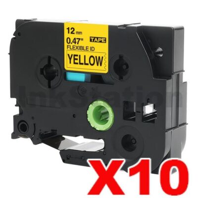 10 x Brother TZe-FX631 Compatible 12mm Black Text on Yellow Flexible ID Laminated Tape - 8 metres