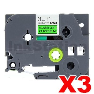 3 x Brother TZe-D51 Compatible 24mm Black Text on Green Fluorescent Laminated Tape - 5 meters