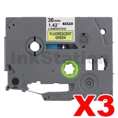 3 x Brother TZe-D61 Compatible 36mm Black Text on Green Fluorescent Laminated Tape - 5 meters