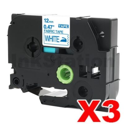 3 x Brother TZe-FA3 Compatible 12mm Blue Text on White Fabric Tape - 3 meters