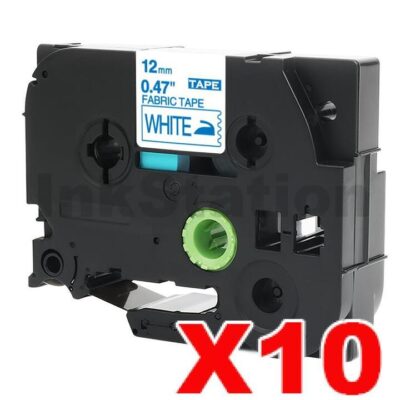 10 x Brother TZe-FA3 Compatible 12mm Blue Text on White Fabric Tape - 3 meters