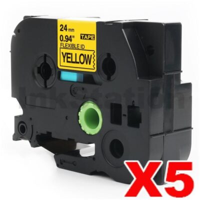 5 x Brother TZe-FX651 Compatible 24mm Black Text on Yellow Flexible ID Laminated Tape - 8 metres