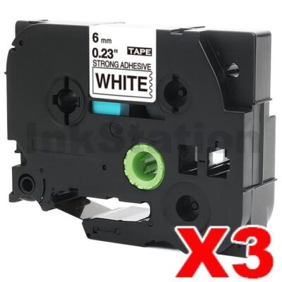 3 x Brother TZe-S211 Compatible 6mm Black Text on White Strong Adhesive Laminated Tape - 8 metres