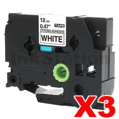 3 x Brother TZe-S231 Compatible 12mm Black Text on White Strong Adhesive Laminated Tape - 8 metres