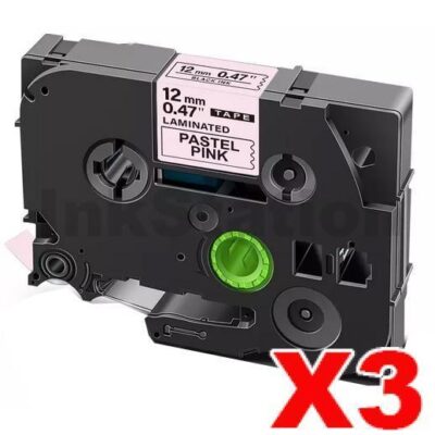 3 x Brother TZe-MQE31 Compatible 12mm Black on Pastel Pink Laminated Tape - 4 metres