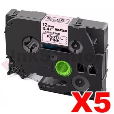 5 x Brother TZe-MQE31 Compatible 12mm Black on Pastel Pink Laminated Tape - 4 metres