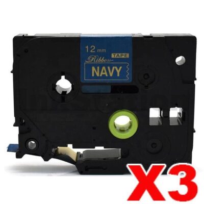 3 x Brother TZe-RN34 Compatible 12mm Gold Text on Navy Blue Ribbon Tape - 4 metres