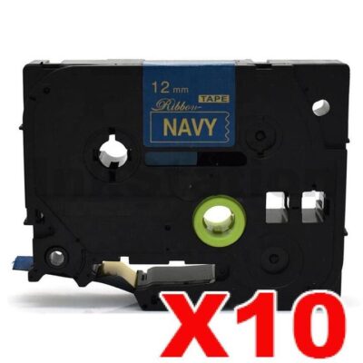 10 x Brother TZe-RN34 Compatible 12mm Gold Text on Navy Blue Ribbon Tape - 4 metres