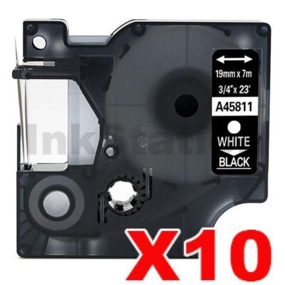 10 x Dymo SD45811 / S0720910 Compatible 19mm White Text on Black Label Cassette - 7 meters