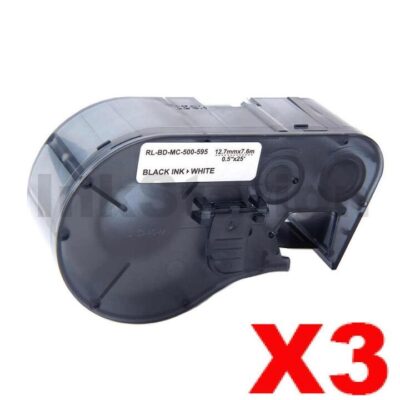 3 x Compatible Brady MC-500-595-WT-BK Black on White Vinyl Label Tape 12.7mm x 7.6m