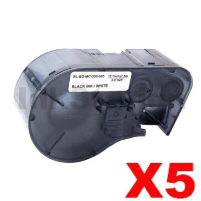 5 x Compatible Brady MC-500-595-WT-BK Black on White Vinyl Label Tape 12.7mm x 7.6m