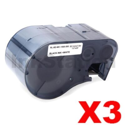 3 x Compatible Brady MC-1500-595-WT-BK Black on White Vinyl Label Tape 38.1mm x 7.6m