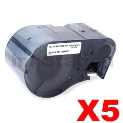 5 x Compatible Brady MC-1500-595-WT-BK Black on White Vinyl Label Tape 38.1mm x 7.6m