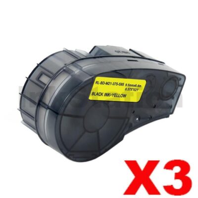 3 x Compatible Brady M21-375-595-YL Black on Yellow Vinyl Label Tape 9.5mm x 6.4m