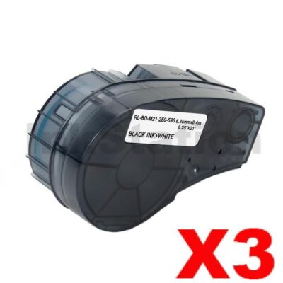 3 x Compatible Brady M21-250-595-WT Black on White Vinyl Label Tape 6.35mm x 6.4m