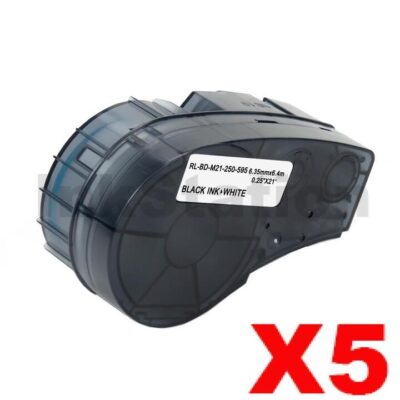 5 x Compatible Brady M21-250-595-WT Black on White Vinyl Label Tape 6.35mm x 6.4m