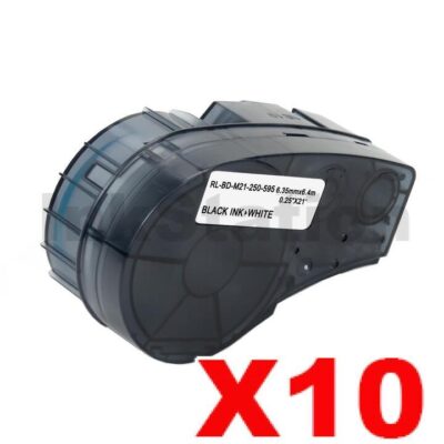 10 x Compatible Brady M21-250-595-WT Black on White Vinyl Label Tape 6.35mm x 6.4m
