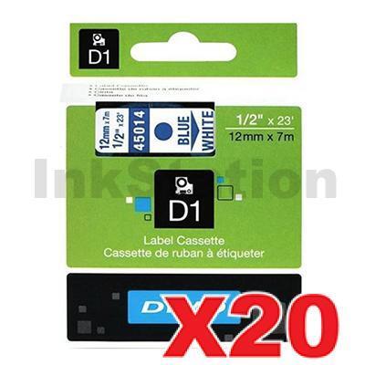 20 x Dymo SD45014 / S0720540 Genuine 12mm Blue Text on White Label Cassette - 7 meters