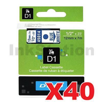 40 x Dymo SD45014 / S0720540 Genuine 12mm Blue Text on White Label Cassette - 7 meters