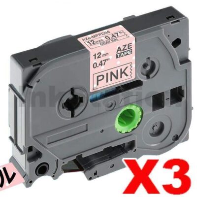 3 x Brother TZe-MPPD36 Compatible 12mm Grey on Pink Polka Dot Laminated Tape - 4 metres