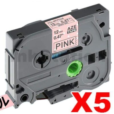 5 x Brother TZe-MPPD36 Compatible 12mm Grey on Pink Polka Dot Laminated Tape - 4 metres