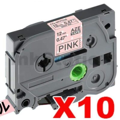 10 x Brother TZe-MPPD36 Compatible 12mm Grey on Pink Polka Dot Laminated Tape - 4 metres