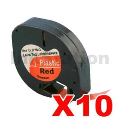 10 x Dymo SD91203 / 91333 Compatible 12mm x 4m Black On Red LetraTag Plastic Tape