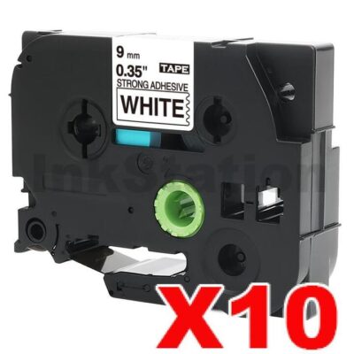 10 x Brother TZe-S221 Compatible 9mm Black Text on White Strong Adhesive Laminated Tape - 8 metres