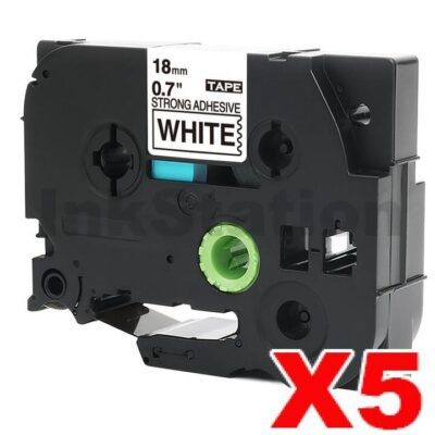5 x Brother TZe-S241 Compatible 18mm Black Text on White Strong Adhesive Laminated Tape - 8 metres