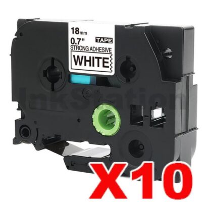 10 x Brother TZe-S241 Compatible 18mm Black Text on White Strong Adhesive Laminated Tape - 8 metres