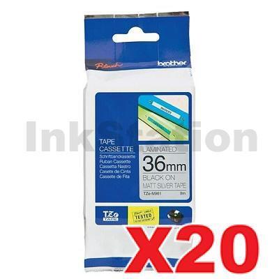 20 x Brother TZe-M961 Genuine 36mm Black Text on Matt Silver Laminated Tape - 8 metres