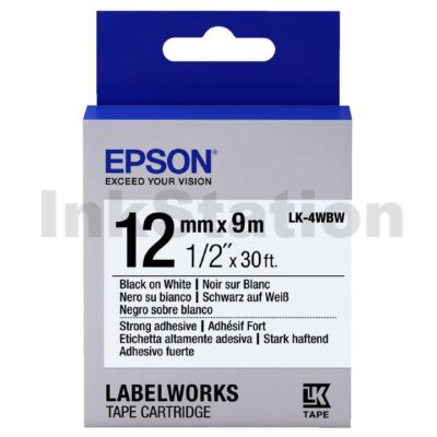 Epson C53S654103 LK-4WBW Genuine Strong Adhesive 12mm Black on White Tape - 9 meters
