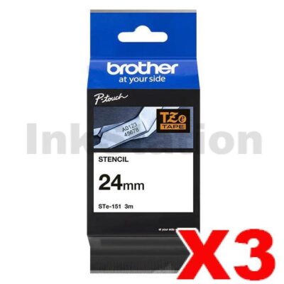 3 x Brother STe-151 Genuine 24mm Black Text on Clear Stencil Tape - 3 metres