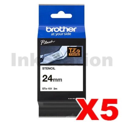 5 x Brother STe-151 Genuine 24mm Black Text on Clear Stencil Tape - 3 metres