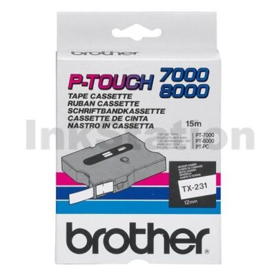 Brother TX-231 Genuine 12mm Black Text on White Laminated Tape - 15 metres