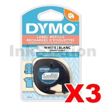 3 x Dymo 18771 Genuine 12mm x 2m Black on White LetraTag Label Iron-On Fabric Tape