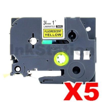 5 x Brother TZe-C51 Compatible 24mm Black Text on Yellow Fluorescent Laminated Tape - 5 meters