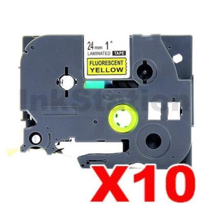 10 x Brother TZe-C51 Compatible 24mm Black Text on Yellow Fluorescent Laminated Tape - 5 meters