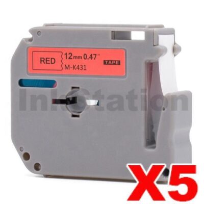 5 x Brother M-K431 Compatible 12mm Black Text on Red Tape - 8 meters