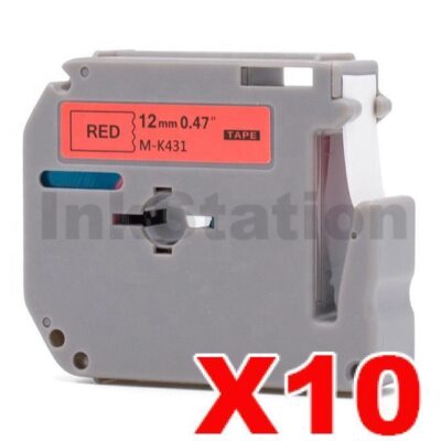 10 x Brother M-K431 Compatible 12mm Black Text on Red Tape - 8 meters
