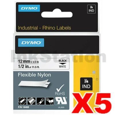 5 x Dymo SD18488 Genuine 12mm Black Text on White Flexible Nylon Industrial Rhino Label Cassette - 3.5 meters