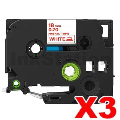 3 x Brother TZe-FA4R Compatible 18mm Red Text on White Fabric Tape - 3 meters